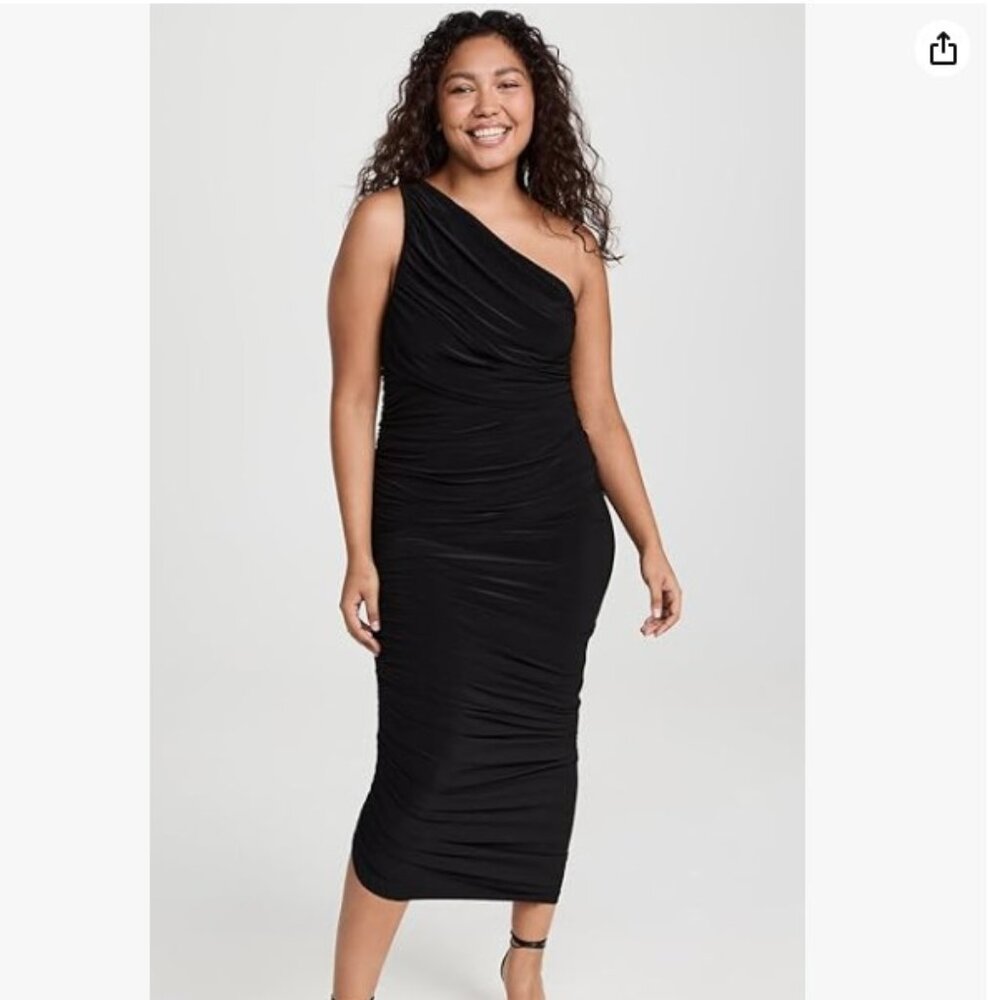 Norma Kamali Black One-Shoulder Ruched Midi Dress